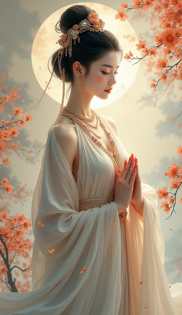 A beautiful oriental goddess、Figure of Compassion 、A fusion of ink painting and vivid watercolor、Jewelry、masterpiece、　