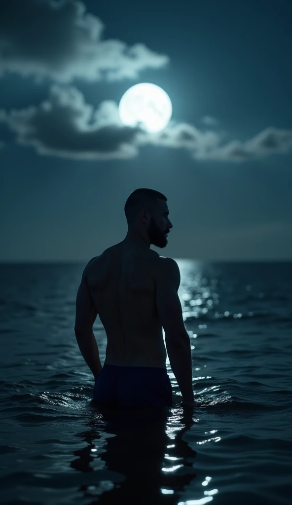 work of art, best qualityer, high resolution, retrato em close, mascle focus, focus only, muscular, burly, velues, mascle, one  men, em um mar, with half the body submerged in water, behind a starry sky with a moon in the center, penis, amazing composition, from front view, HDR, volumetric lighting, ultra quality, chic, highy detailed 