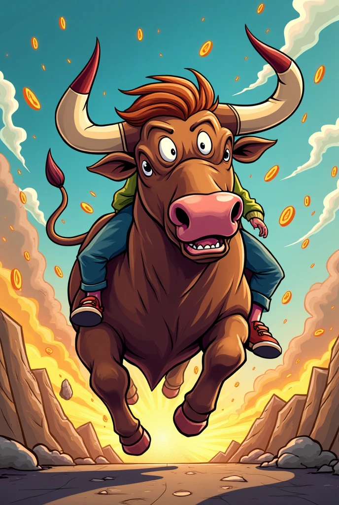 Make a cartoon meme stonk, riding a raging bull with a stock candle ...