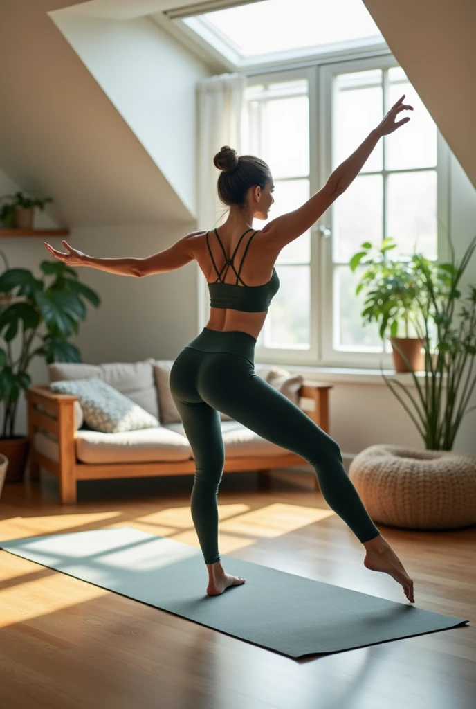 Physical training in home studio. Ela veste roupas esportivas elegantes, demonstrating a yoga posture with perfection. Ao fundo, a clean environment with green plants and high-quality fitness equipment.