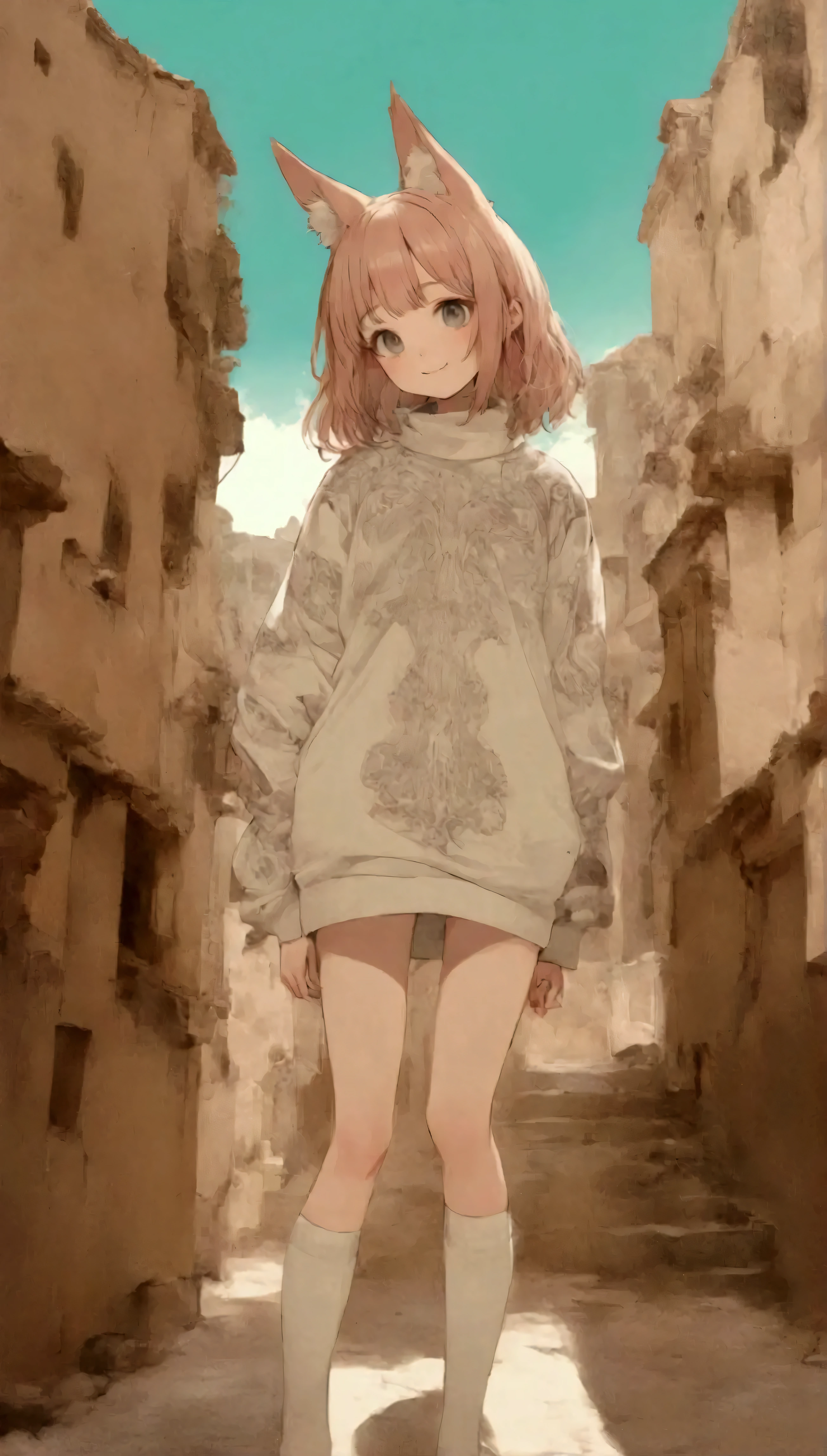 Quite strong deformation、    cute anime girl with small head and body  、    cute fox ear smile    、Bold poses、 Dreamy and cute  、Sickly cute、     simple oversized pullover    、    knee-high socks   、Ancient city background 、Poster Style、flat-colors、    meticulously calculated     、Placed motifs、HIGH QUALITY DESIGN   、    kitschy aesthetics   