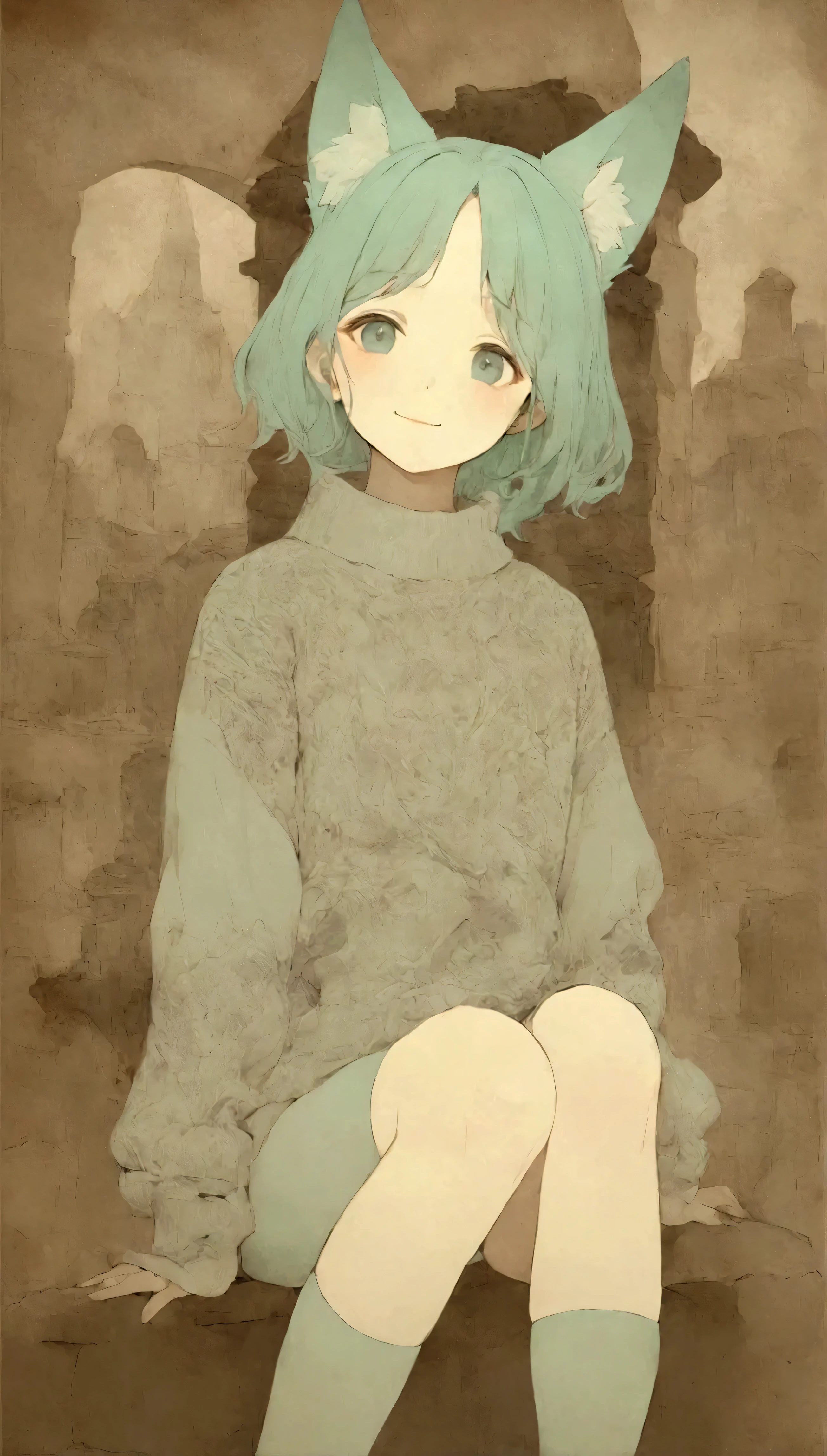 Quite strong deformation、    cute anime girl with small head and body  、    cute fox ear smile    、Bold poses、 Dreamy and cute  、Sickly cute、     simple oversized pullover    、    knee-high socks   、Ancient city background 、Poster Style、flat-colors、    meticulously calculated     、Placed motifs、HIGH QUALITY DESIGN   、    kitschy aesthetics   