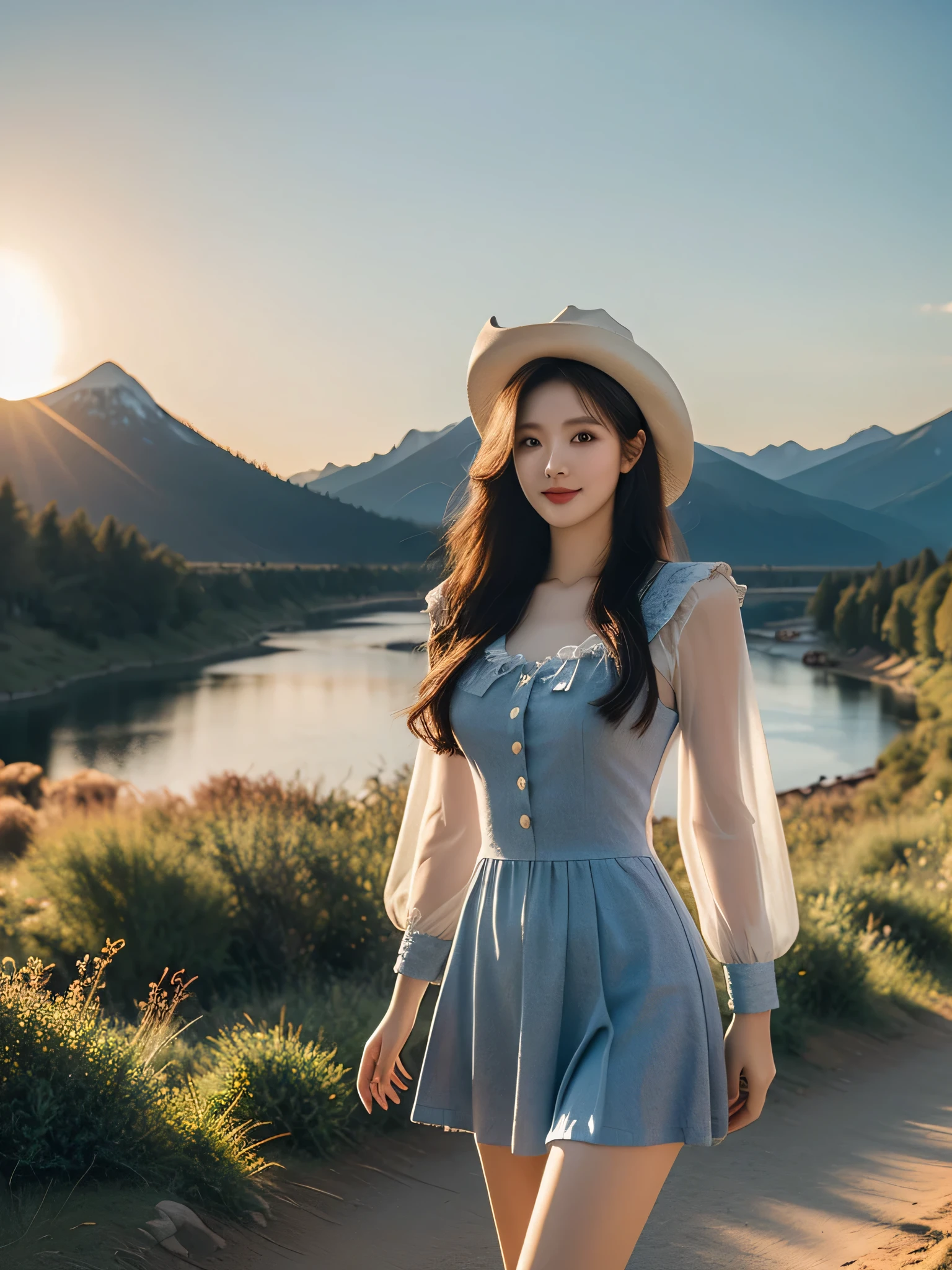 best quality,HDR,UHD,8K,Vivid Colors,solo,photo_,(1girl:1.3),(standing:1.3),sun,(sunshine:1.2),(looking at viewer:1.4),Elegant,detailed gorgeous face,(mountain background:1.3),river,(cowboy shot:1.4),rc,dress,