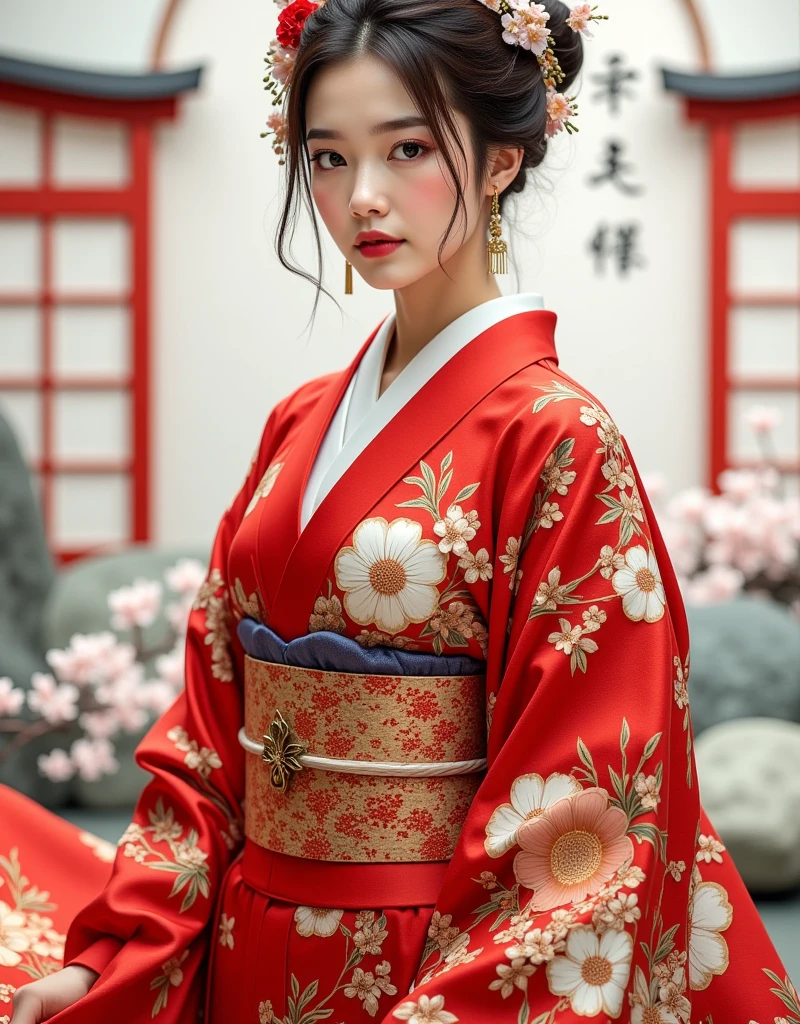 art nouveau, ARW, 
a beautiful young woman in a red floral japanese kimono, detailed facial features, long eyelashes, detailed eyes and lips, standing in front of a white background with japanese calligraphy "happy new year 2025", cherry blossom tree, red wooden torii gate, photorealistic, cinematic lighting, ultra-detailed