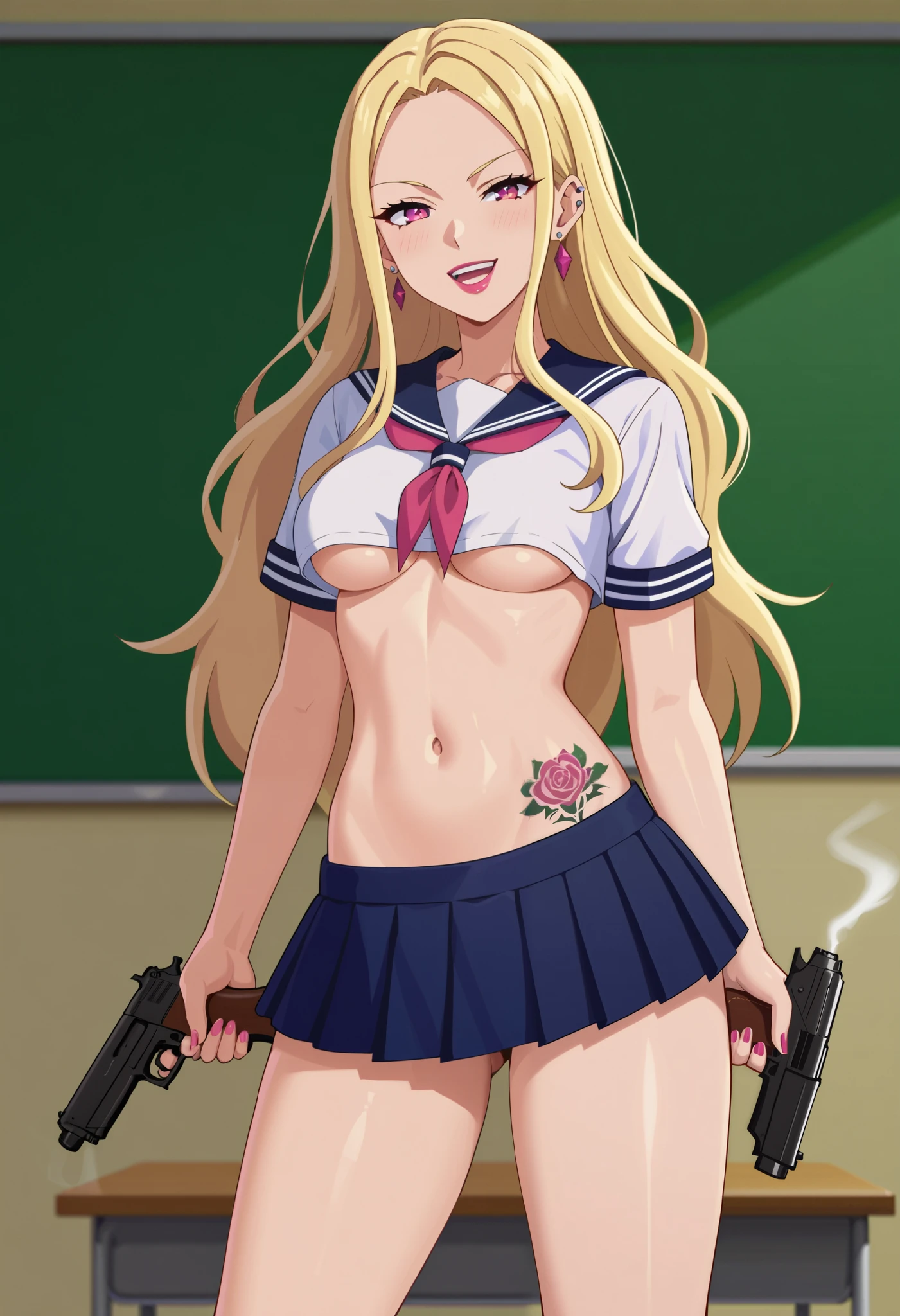 kotokadef, hair scrunchie, x hair ornament, hairclip, necklace, headphones, jacket, smirk, grin, furrowed brow, blush, lipstick, masterpiece, best quality, highly detailed, a anime girls in sailor uniforms with a gun posing for a picture,
evil smile, smile, open mouth,black_serafuku, ecchi anime style, anime girls , (nsfw) not safe for work,
ecchi style, ecchi, shipgirls, digital anime art!!, high school girls, holding a gun, hold a gun, anime style 4
k, micro skirt, exposed belly, exposed navel, exposed midriff,
exposed lower belly,school, classroom, navel piercing