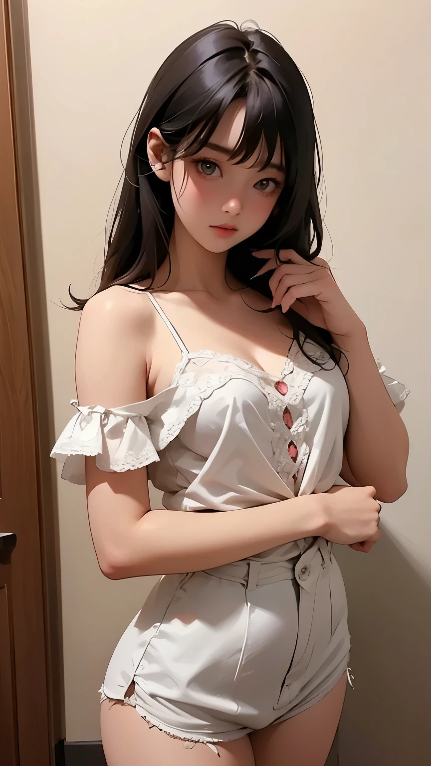 1 girl wearing a lace camisole , hid their breasts with their hands 、 flat bangs, Stunning Innocent Symmetrical Face , Emotional, Ulzzang, ( pureerosface_v1:0.7)、 photorealistic, (Dark Photo :1.3), masterpiece, top quality ,