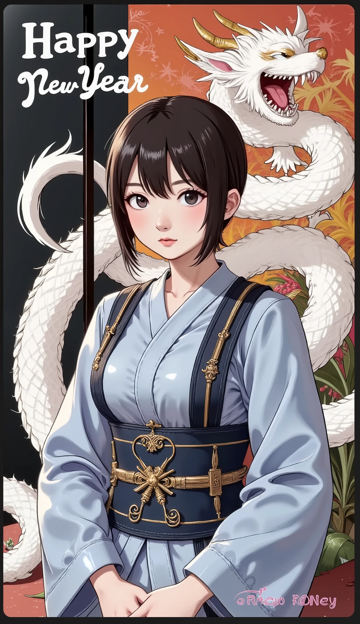 (Japanese anime style:1.4), 8k resolution, masterpiece, top quality, Award-winning works, new year post card, sole girl, (photo of a girl who is wearing Japanese traditional kimono printed on the card:1.4), (banner printed which says " happy new year " on the card:1.5), (image of white snake printed on the card:1.4)