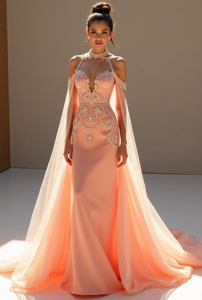 Beautiful beige evening dress studded with rhinestones and beads displayed in Sanat Dizayn clothing store, written on the wall the name of the stores Sanat Dizayn looking at the viewer, viewing the name,