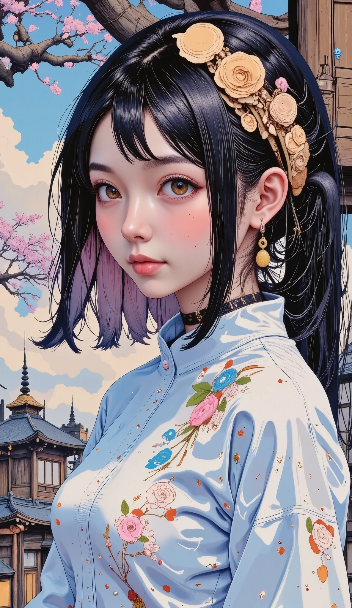 a detailed manga japanese girl, 1girl, beautiful detailed eyes, beautiful detailed lips, extremely detailed face and eyes, long eyelashes, colorful vibrant anime style, soft pastel colors, detailed intricate background, (best quality,8k,highres,masterpiece:1.2),ultra-detailed,(realistic,photorealistic,photo-realistic:1.37),highly detailed, cinematic lighting, dramatic lighting, beautiful detailed scenery