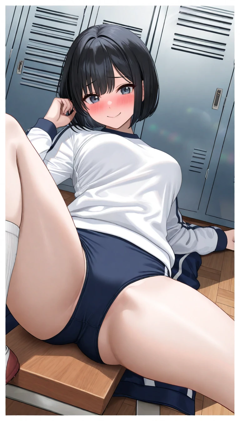 ( girl : 1.3), 1 girl,(White gym clothes, Long Sleeve ,Dark blue buruma,Pure white underwear showing,), black hair, bob cut,smile,blush,Embarrassed,Leg spread,Lying down,locker room, taken from below ,masterpiece, top quality, ultra high definition, rich contrasts, HD,8k, High Definition CG Unit Wallpaper, texture , unbelievably absurd , ultra high definition, RAW photos ,Deep border 1  .2, very detailed