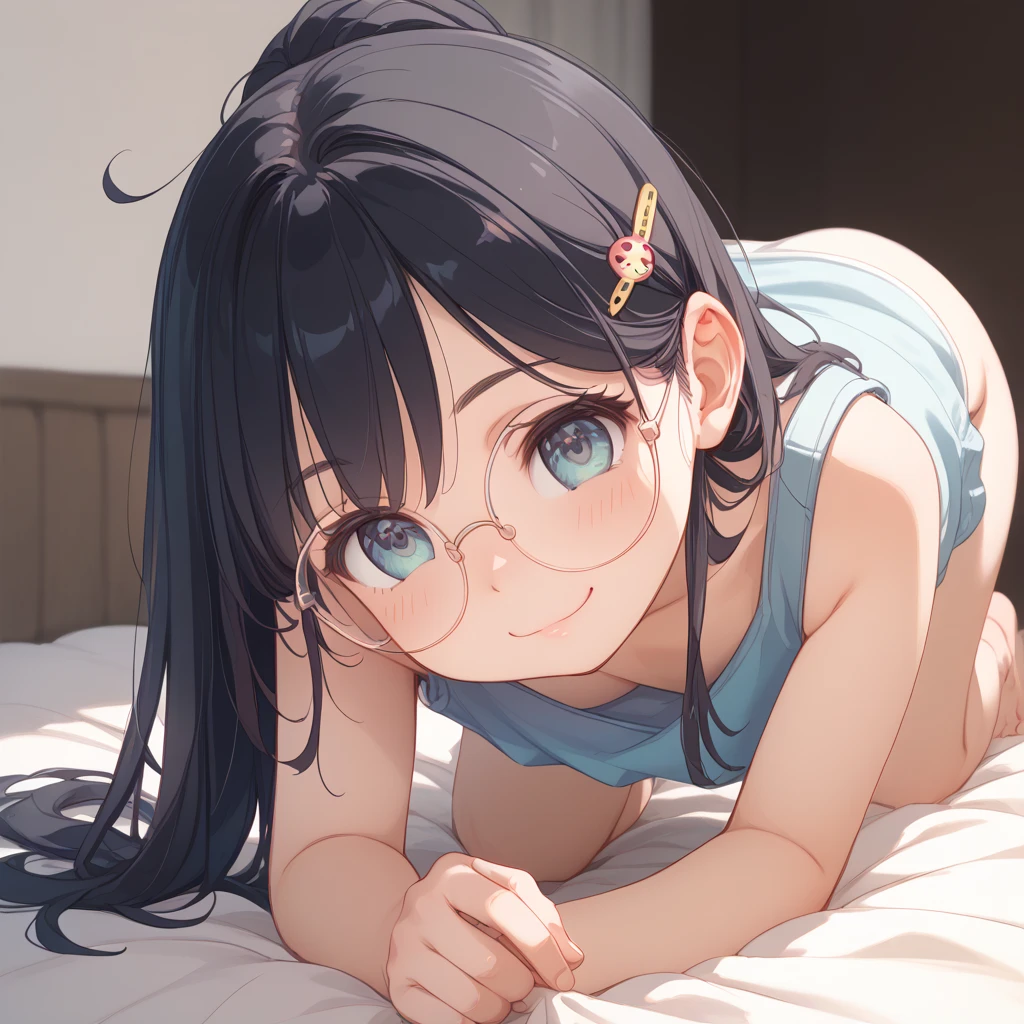 Image Video、 One Girl 、 cute face、 black hair、hairpin、Round Glasses, loose tank top、Chest、smile、 innocent、 lean forward、Question mark、 on all fours 、throw,