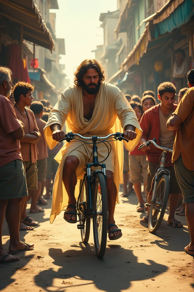  Jesus Christ.  struggling to carry a giant banana on his sholder up a muddy, rural road in a mountainous village. The sky is overcast, reflecting his effort and suffering. Jesus crist is visibly sweating and tears are streaming down his face. He is crying Villagers are watching him with expressions of awe and concern. The road is rough and the village is rustic, with simple, traditional houses in the background."

