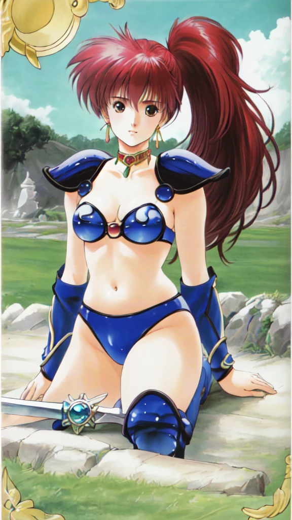  top quality，masterpiece， ultra high definition,  very detailed, 8k，( beautiful girl )，((  Girl :1.5))，photograph、 realistic、 super real 、 Photogenic、((front))、(whole body)、asagiri youko,  choker ,  earrings, Arm guard, Knee Boots,  bikini armor、Warriors of Leda 、 closed mouth、 have swords、 model stand、I'm looking at this