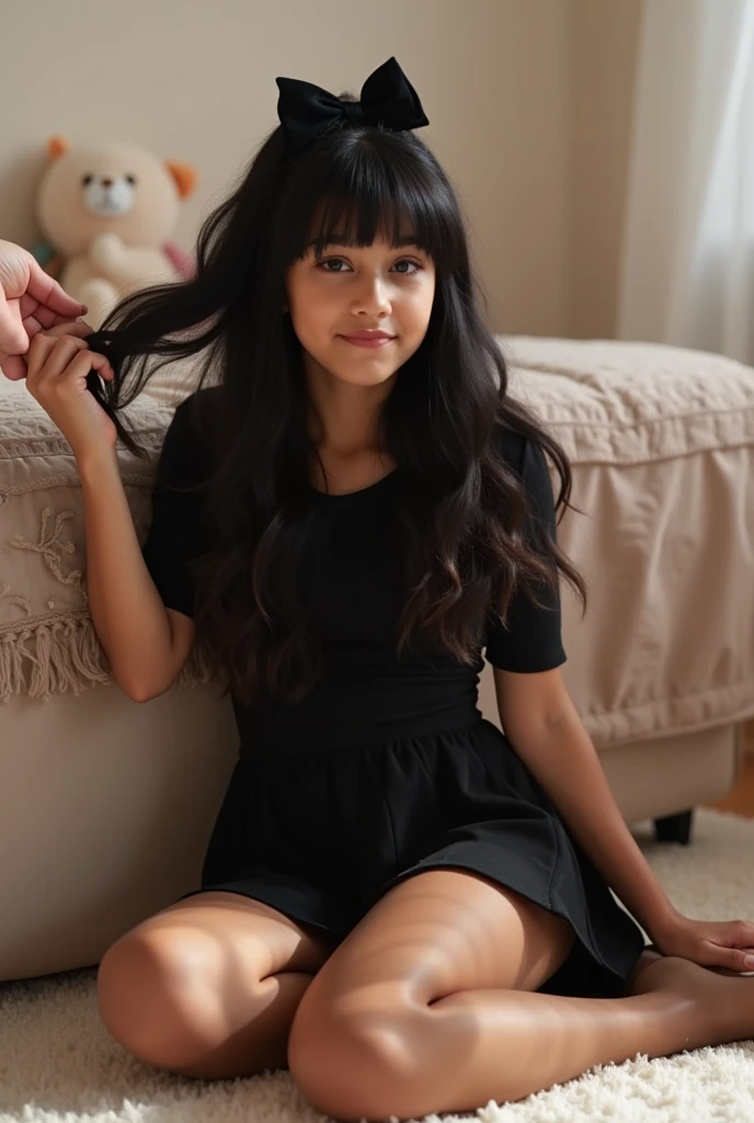 ((Ariana Grande)), Cute black hair Spanish teen, ten, pee tiny body, very long thick wavy black hair with bangs, ((she is sitting on the floor of her teen bedroom playing with her hair, she is wearing only a tiny black flare skirt dress, sheer tan pantyhose)), twirling her hair,  ((big bow in her hair)), very short babyddress, model like features, very young looking Spanish tween, UHD, photorealistic, ((see vagina through her sheer tan pantyhose crotche)), ((cute small reinforced pantyhose covered feet, perfect cute pantyhose feet)), ((hyper-realistic pussy lips visible through her oval shaped gusset, see-through tan brown pantyhose panel exposes realistic pussy beneath pantyhose)), ((cute stuffed animals on her bed in background)), sweet innocent girl playing with her hair, ((lifting legs up to show her perfect pantyhose soles of feet))), (((POV male hand reaches in and rubs her pantyhose covered pussy))), ((small black flare dress)), black tights, (((must wear black pantyhose tights)))