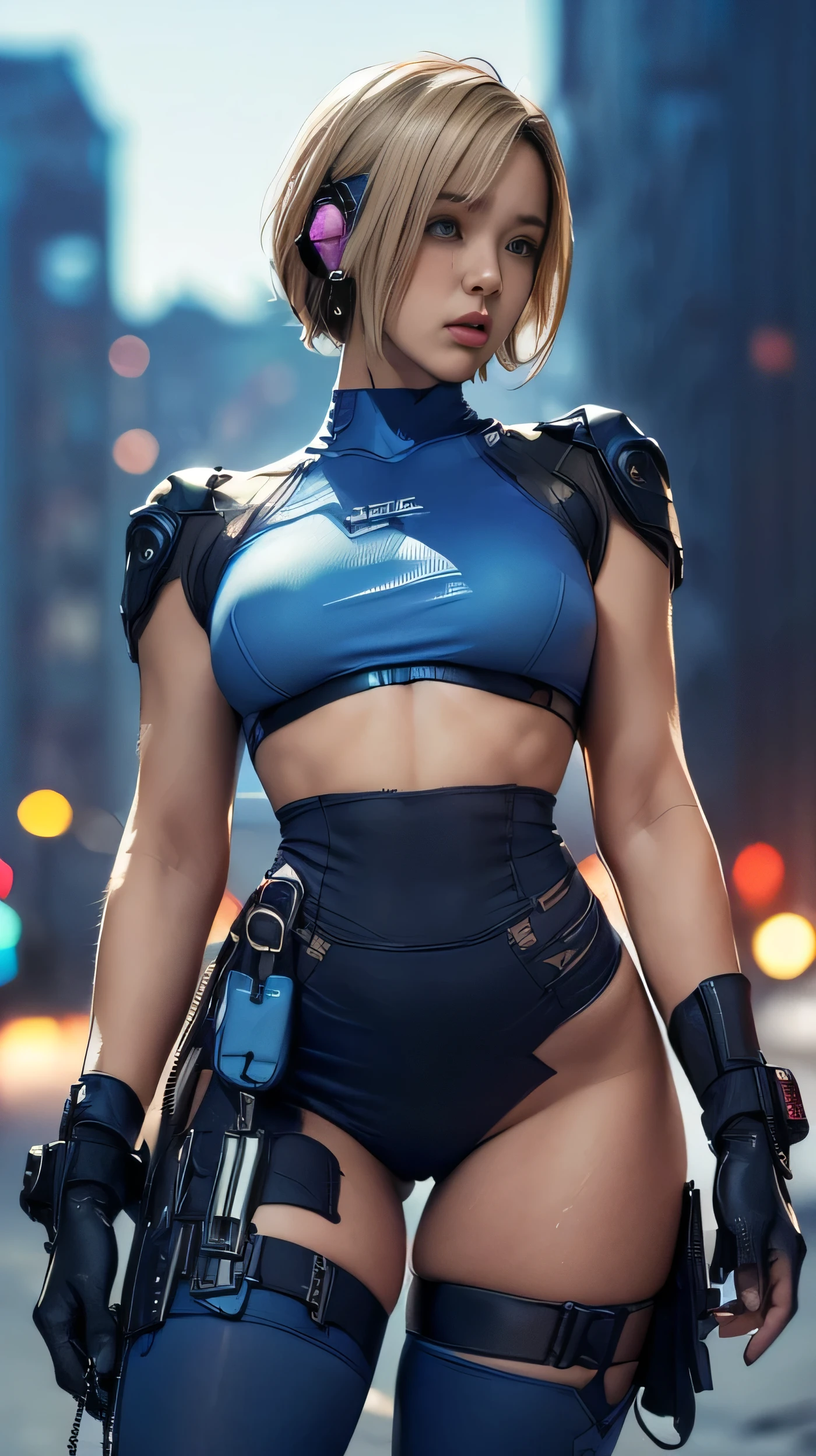 (A woman),(((A female member of the Future Force stands))),((Maroon Tactical High Leg Tights:1.5)),((earphone:1.5)),((Tactical Holster:1.5)),(Gloves:1.5),(Serious:1.5),(Super short hair:1.5),(beautiful eyes:1.3),(Very detailedな顔:1.5),((Very detailed drawing of a female hand:1.5)),(((muscular:1.5))),((Sexy appearance:1.5)),((Thick thighs:1.5)),(Beautiful Body:1.5),((Very sensual:1.5)),(The backdrop is a futuristic city:1.5),(Cyberpunk atmosphere:1.5),(((Blurred background:1.5))),(Written border depth:1.5),rest(((masterpiece:1.5),(best quality:1.5),(Very detailed:1.5),(high resolution:1.5),(Practical:1.5),(Practical:1.5),(Delicate depiction),(carefully drawn))),8K,wallpaper, (((Camel Toe 1.5))),(From below:1.2)