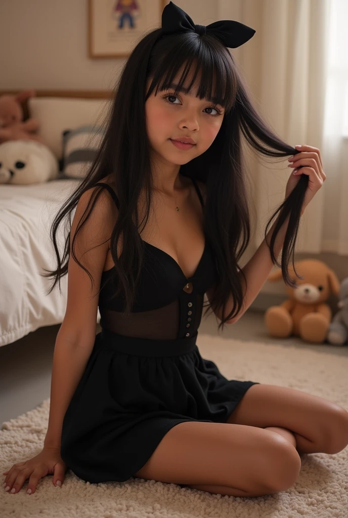 ((Ariana Grande)), Cute black hair Spanish teen, t**en, ***ite tiny body, very long thick wavy black hair with bangs, ((she is sitting on the floor of her teen bedroom playing with her hair, she is wearing only a tiny black flare skirt dress, sheer tan pantyhose)), twirling her hair,  ((big bow in her hair)), very short ****doll dress, model like features, very young looking Spanish tween, UHD, photorealistic, ((see vagina through her sheer tan pantyhose crotche)), ((cute small reinforced pantyhose covered feet, perfect cute pantyhose feet)), ((hyper-realistic pussy lips visible through her oval shaped gusset, see-through tan brown pantyhose panel exposes realistic pussy beneath pantyhose)), ((cute stuffed animals on her bed in background)), sweet innocent girl playing with her hair, ((lifting legs up to show her perfect pantyhose soles of feet))), (((POV male hand reaches in and rubs her pantyhose covered pussy))), ((small black flare dress)), black tights