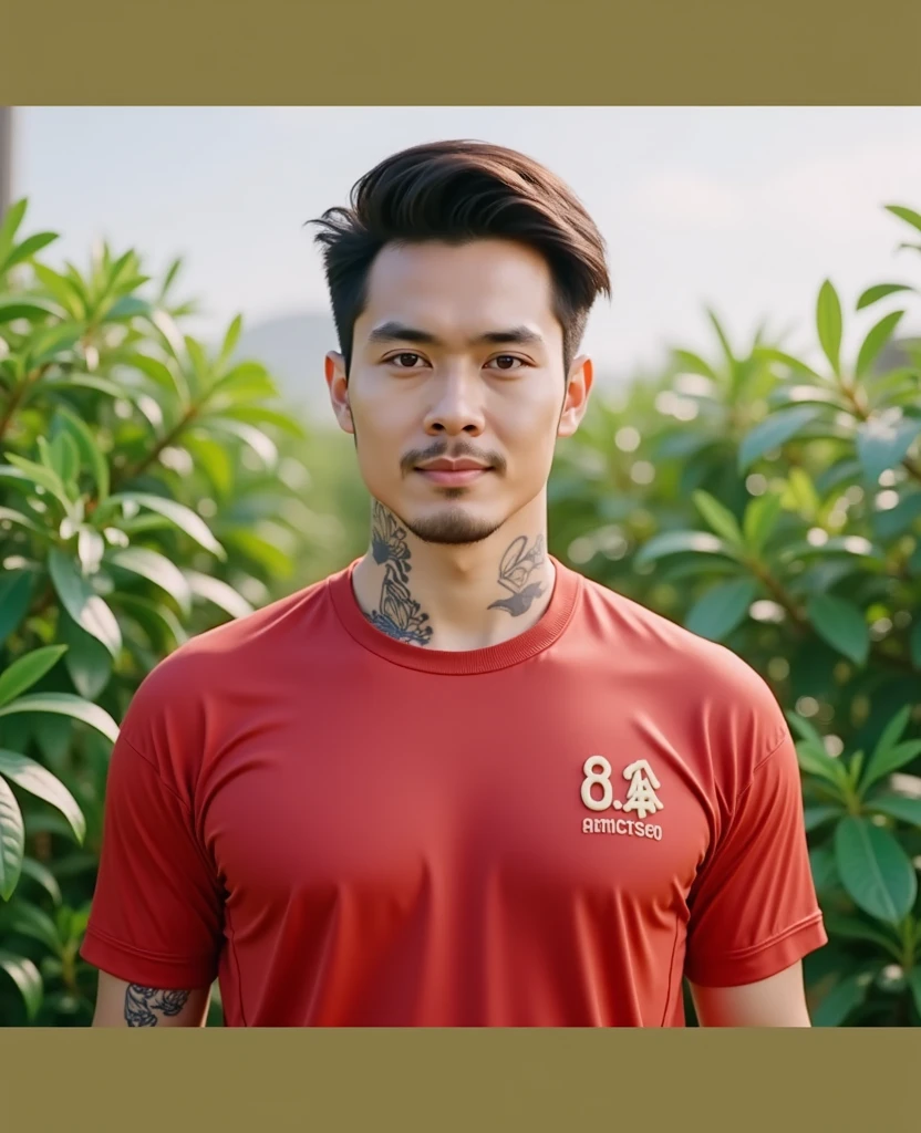 独奏 , 1 person , Portrait of a handsome Asian rugby player, short hair, no beard, muscular, big muscles, wearing a gray round neck t-shirt, wet, outdoors, rice field, countryside, hut, Thailand, Laos, Burma, Asia.