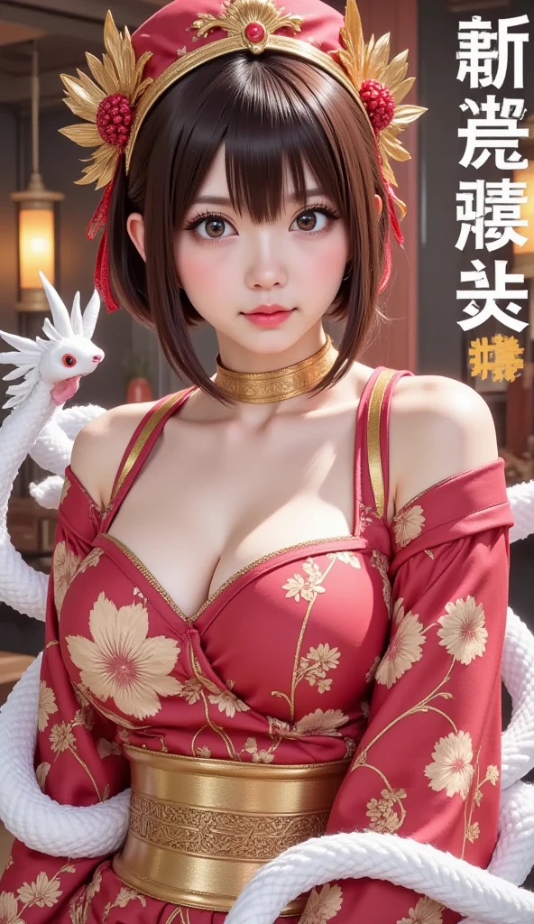 (Japanese anime style:1.4), 8k resolution, masterpiece, top quality, Award-winning works, new year post card, sole girl, (photo of a girl who is wearing Japanese traditional kimono printed on the card:1.4), (banner printed which says " happy new year " on the card:1.5), (image of white snake printed on the card:1.4)