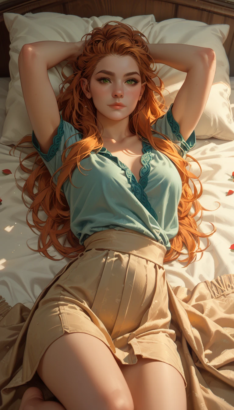 score_9, score_8_up, score_7_up,
HFWAloy, 1girl, orange hair, long hair, green eyes, looking at viewer, laying back, on bed, arms up