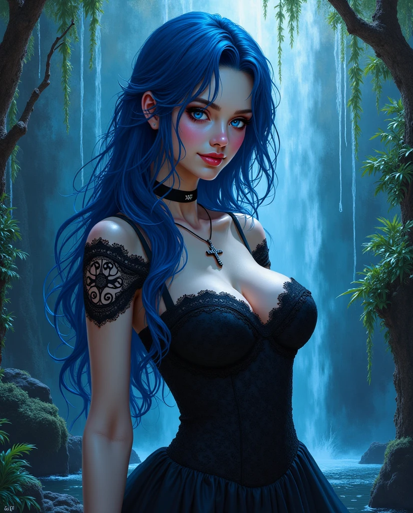 with long black hair and blue highlights,A character wearing dark clothing,in a picture with some magical elements in the background,To grin but have no teeth.,Cover,A female character,The black skirt that is about to float up
,whole body,Leg rings