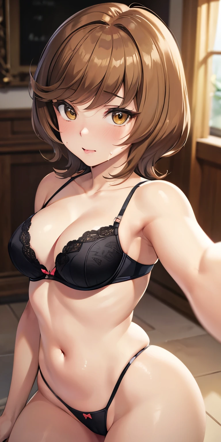 ((masutepiece)), ((Best Quality)), 8K, detaileds, Ultra-detailed, Detailed and Intricicated, 1girl in, Brown hair, short-hair, in one's underwear only, Orange lingerie, Staring at me in embarrassment,