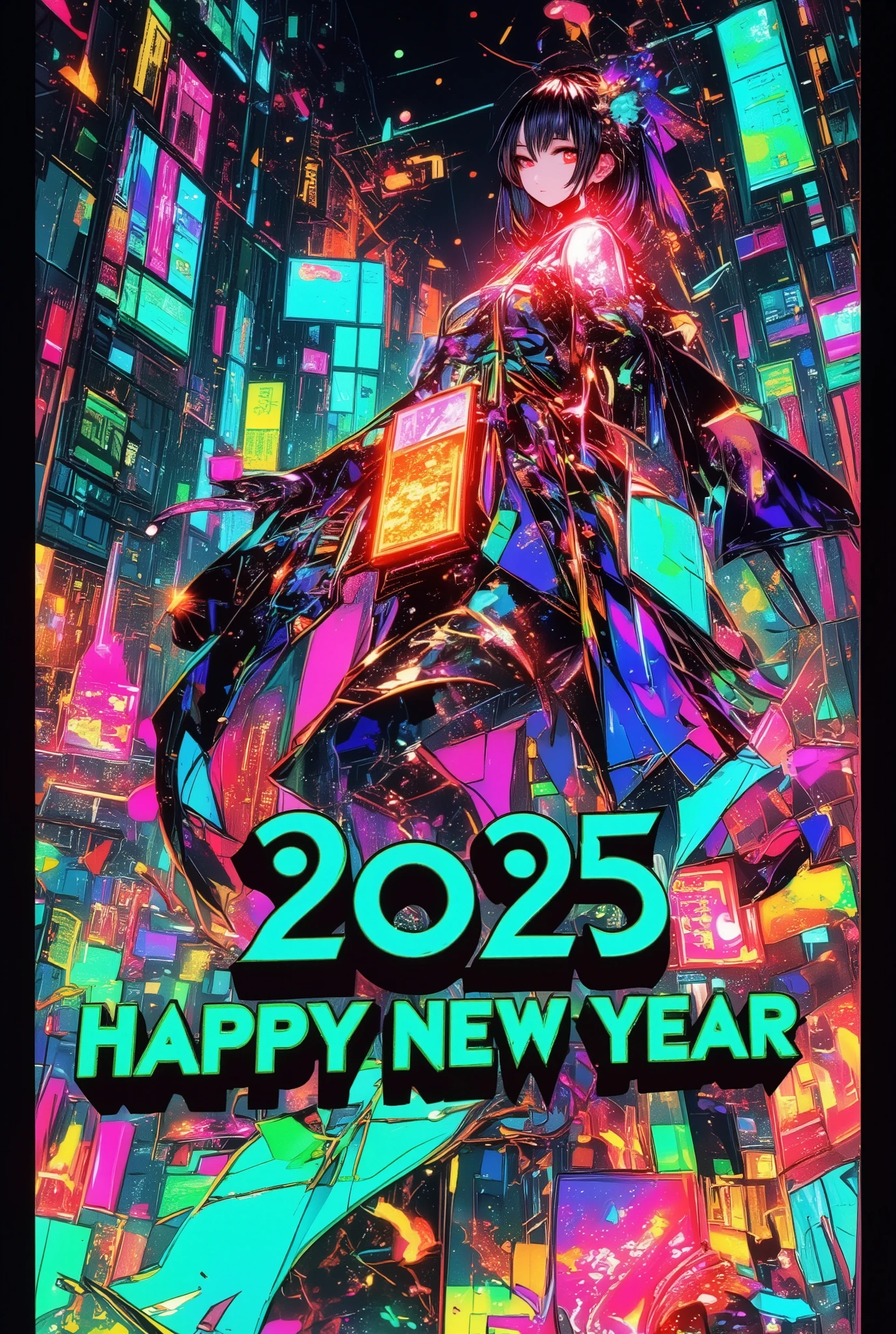 A new style like no other ,  digital design poster using brilliance ,  expresses the glamor of the new year in detail ,  Let's make a poster full of smiles that combines cyberpunk and traditional Japanese beauty, (Insert sentence “2025 HappyNew Year”), green neon font, Please keep only your eyes clear red, glow line art