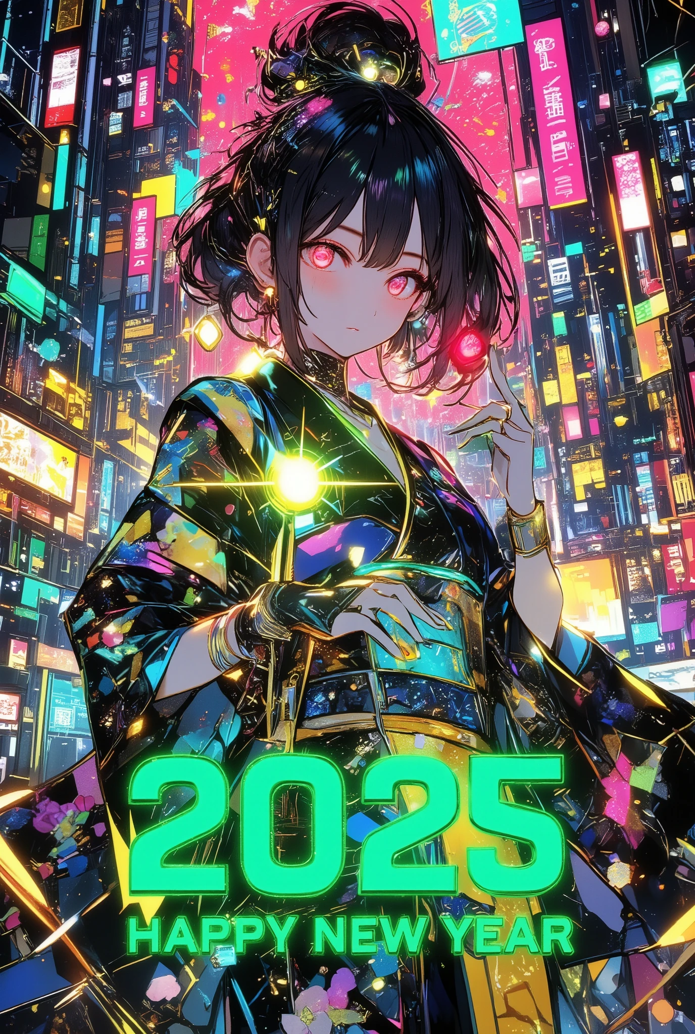 A new style like no other ,  digital design poster using brilliance ,  expresses the glamor of the new year in detail ,  Let's make a poster full of smiles that combines cyberpunk and traditional Japanese beauty, (Insert sentence “2025 HappyNew Year”), green neon font, Please keep only your eyes clear red, glow line art