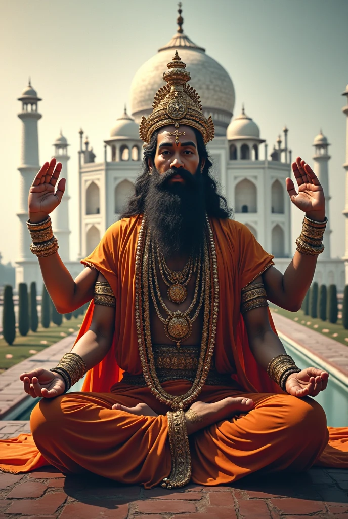 "A realistic image of Lord Hanuman sitting on a mountain top proudly holding the Indian national flag in one hand. Hanuman is depicted with a strong, muscular body, wearing traditional jewelery and ornaments on his body. Draped in a saffron cloth, a majestic landscape is visible in the background. Lush green mountains and waterfalls under a partly cloudy sky with the sun rising or setting, casting a warm glow on the scene, evoking patriotism and strength. Is a symbol.