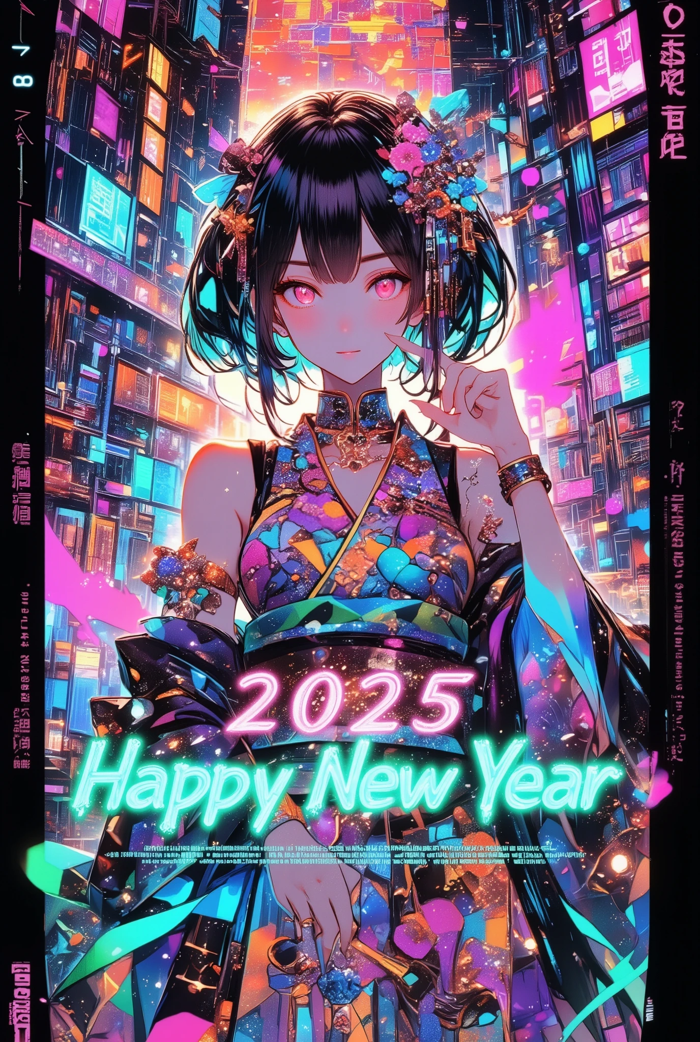 A new style like no other ,  digital design poster using brilliance ,  expresses the glamor of the new year in detail ,  Let's make a poster full of smiles that combines cyberpunk and traditional Japanese beauty, (Insert sentence “2025 HappyNew Year”), green neon font, Please keep only your eyes clear red, glow line art