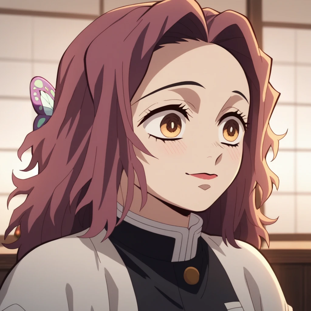 Anime screencap, Season 4 Ufotable studio, girl with pure purple hair and amber eyes, bangs, two butterfly hair ornaments, two purple and orange hair butterfly ornaments on either side of hair, round eyes, wearing a black Demon Slayer uniform, face close up, Kanae Kocho's sister, Kocho sister, smiling, Kanae Kocho eyes, loose hair, messy bangs, many lights reflecting off eyes