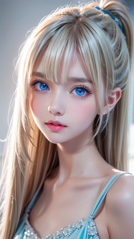 Completely naked、White background,Upper body close-up、 Glossy, firm and shiny skin, Bangs between the eyes, Beautiful luster, Platinum Blonde Hair, Twin tails, eyeliner, A very beautiful and innocent 15-year-old girl, High resolution big beautiful light blue eyes, Beautiful and lovely girl, ((beautiful girl、Ultra-high resolution、The lighting is bright、Precise needles without discomfort))、Small Face Beauty、Very white and beautiful young々Fresh skin、Round face、Nipples、White background