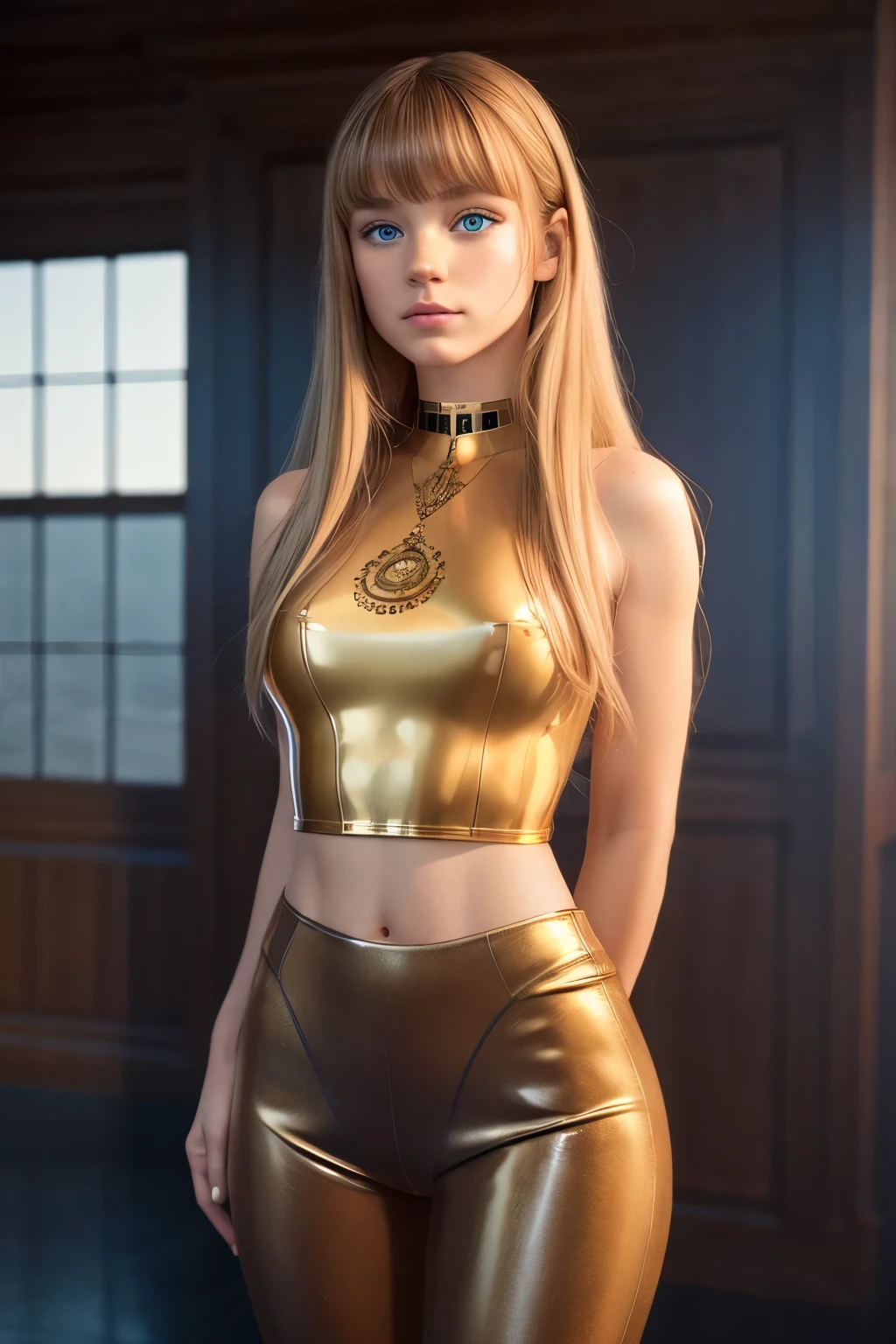 good quality, best quality, photo- realistic , Rohfoto,  realistic , ultra  realistic  8k cg,  ultra detailed, High Resolution,  masterpiece, 1Girl, 19yo,  long golden blonde hair, bangs,  blue eyes,  detailed face and eyes , full body image ,  intricate details ,  detailed texture , finely detailed, latex crop top, jewelery around neck, medium breasts