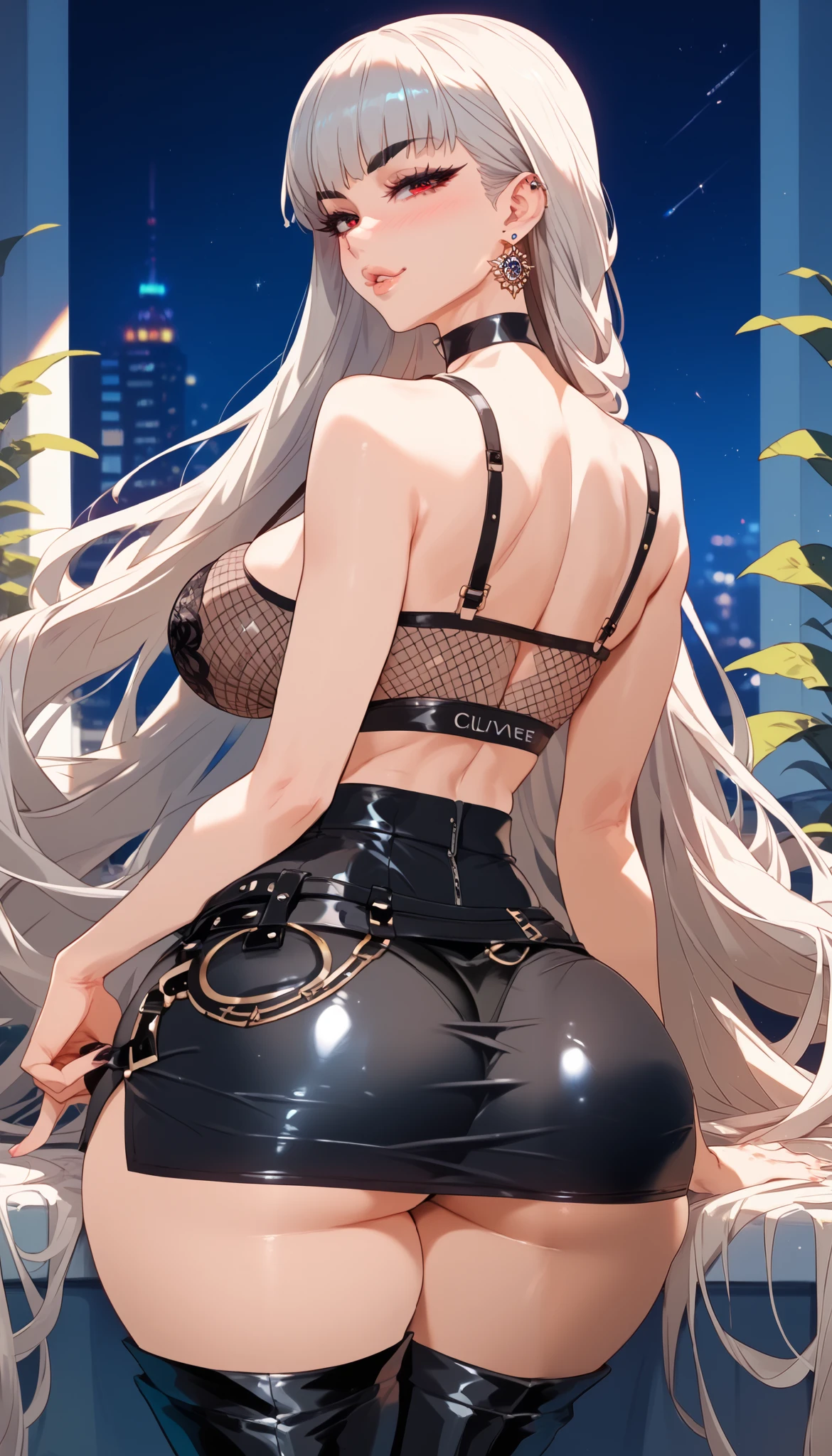 highres, sharp focus, pixiv masterpiece, ((intricate details)), best quality, ultra-detailed, beautiful girl, seductive face, blush face, bitting lips, brown skin, long fringe platinum hair, detailed red eyes, slanted eyes, big eyelashes, back eyeshadows, wide black eyebrows, MEDIUM breasts, thin waist, big hips, thick figure, bellybutton piercing, black chocker, mesh bra, black thong, mini skirt, big black boots
