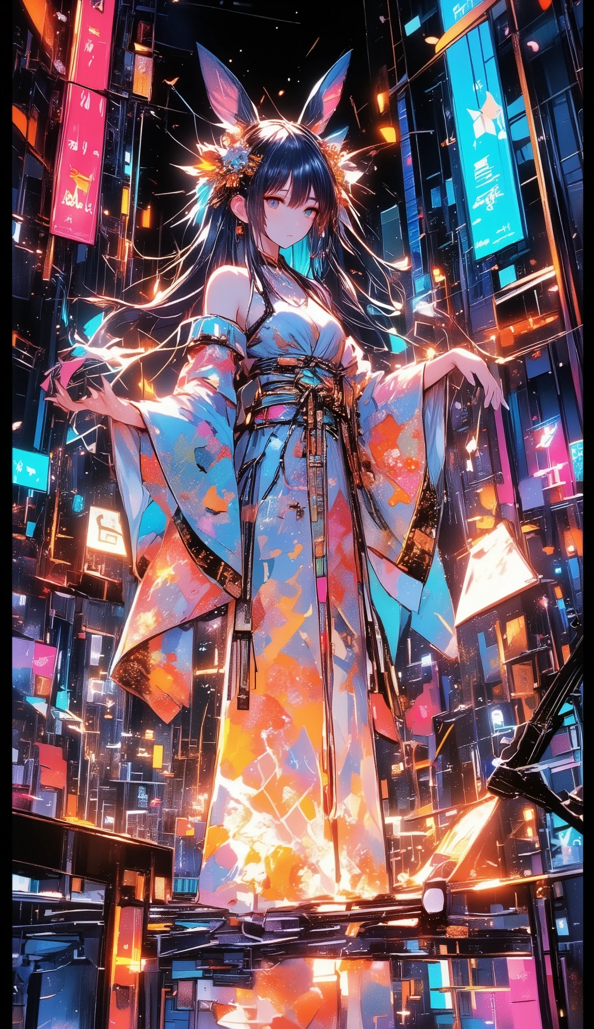 A new style like no other ,  draw with a glowing watercolor brush,  digital design poster using brilliance ,  expresses the glamor of the new year in detail ,  Let's make a poster full of smiles that combines cyberpunk and traditional Japanese beauty, (( sentence “2025 HappyNew Year” , “Love”, “&”, Insert “peace” )), glow line art