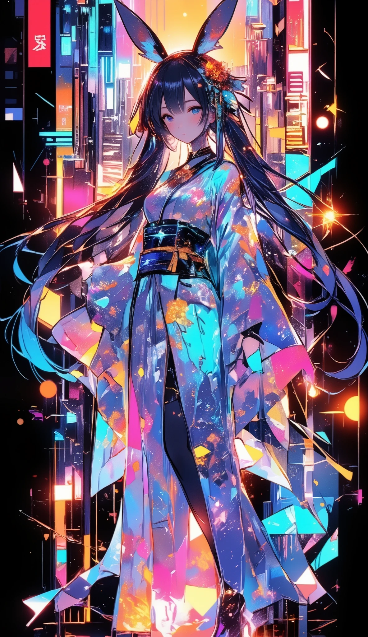 A new style like no other ,  draw with a glowing watercolor brush,  digital design poster using brilliance ,  expresses the glamor of the new year in detail ,  Let's make a poster full of smiles that combines cyberpunk and traditional Japanese beauty, (( sentence “2025 HappyNew Year” , “Love”, “&”, Insert “peace” )), glow line art