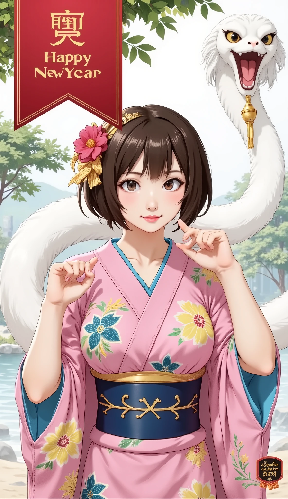 (Japanese anime style:1.4), 8k resolution, masterpiece, top quality, Award-winning works, new year post card, sole girl, (photo of a girl who is wearing Japanese traditional kimono printed on the card:1.4), (banner printed which says "Happy New Year" on the card:1.6), (image of white snake printed on the card:1.6)