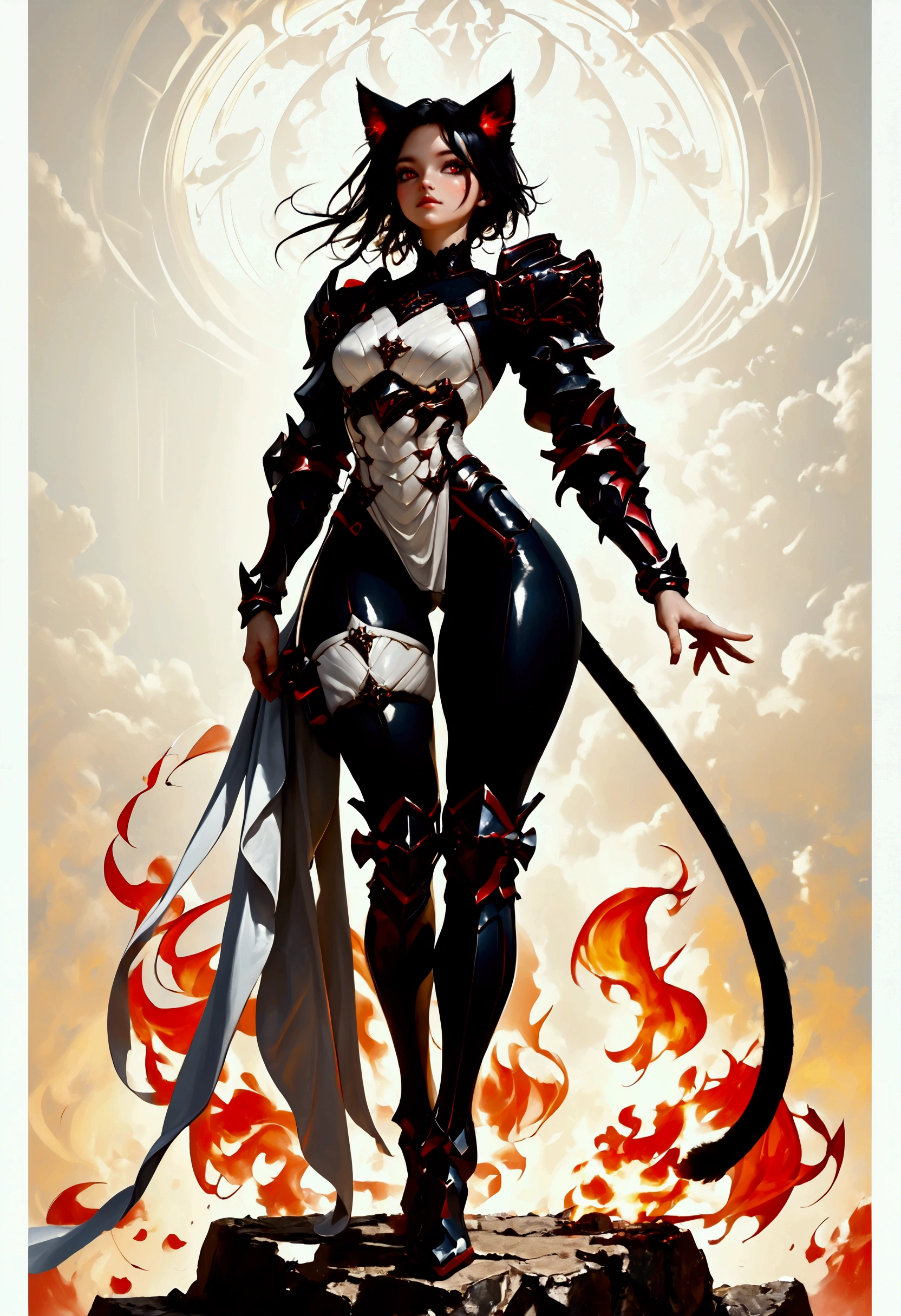 A petite cat girl with black hair and intense fiery red eyes, clad in oversized simple shining grey full entire body plate armor with overlaying holy white cloth, armored plate thigh high leggings, armored boots, armed for combat, cute, armor. long black furred cat tail, long legs, thick thighs, wide hips, athletic form, full body in frame, wholebody.