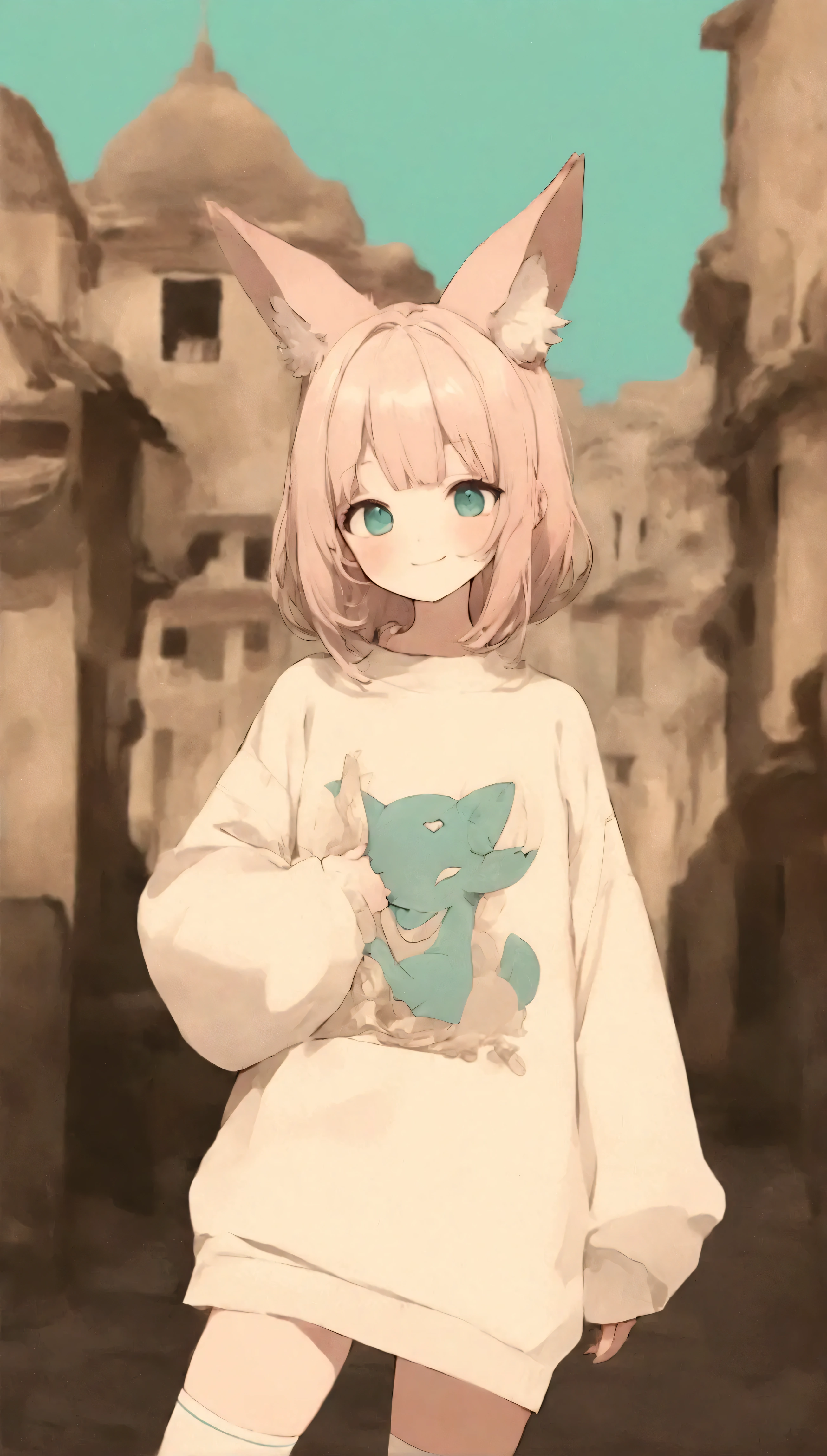 Quite strong deformation、    cute anime girl with small head and body  、    cute fox ear smile    、Bold poses、 Dreamy and cute  、Sickly cute、     simple oversized pullover    、    knee-high socks   、Ancient city background 、Poster Style、flat-colors、    meticulously calculated     、Placed motifs、HIGH QUALITY DESIGN   、    kitschy aesthetics   