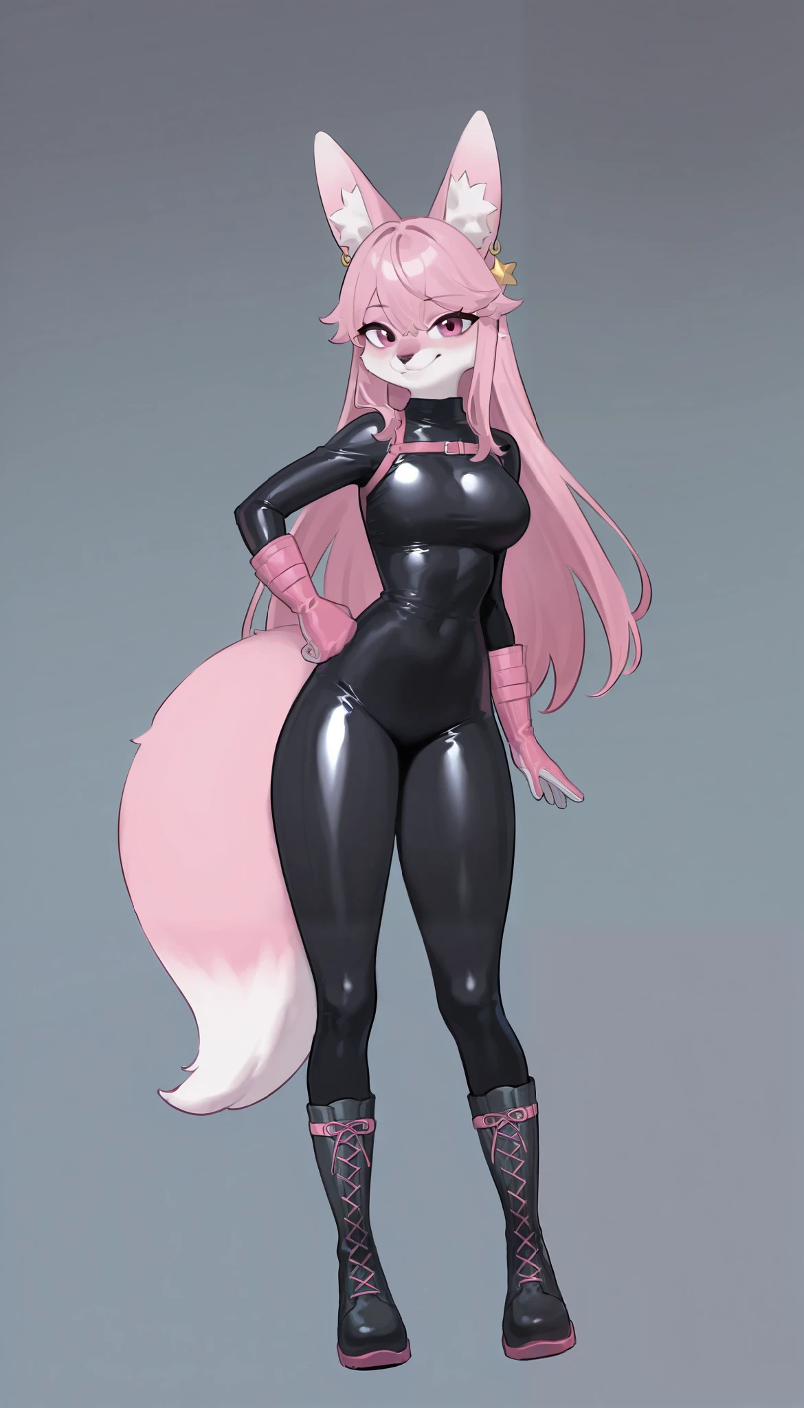  anthropomorphic female figure with the appearance of a fox .  She has light pink fur and long hair , loose and pink .  She wears an elegant black bodysuit with white and pink details ,  designed to look athletic and ready for combat .  She wears black tights that reach the thigh ,  padded gloves and lace-up boots that combine black, pink and white,  with gold details .  Accessories include star-shaped earrings .  Her posture is confident and daring  