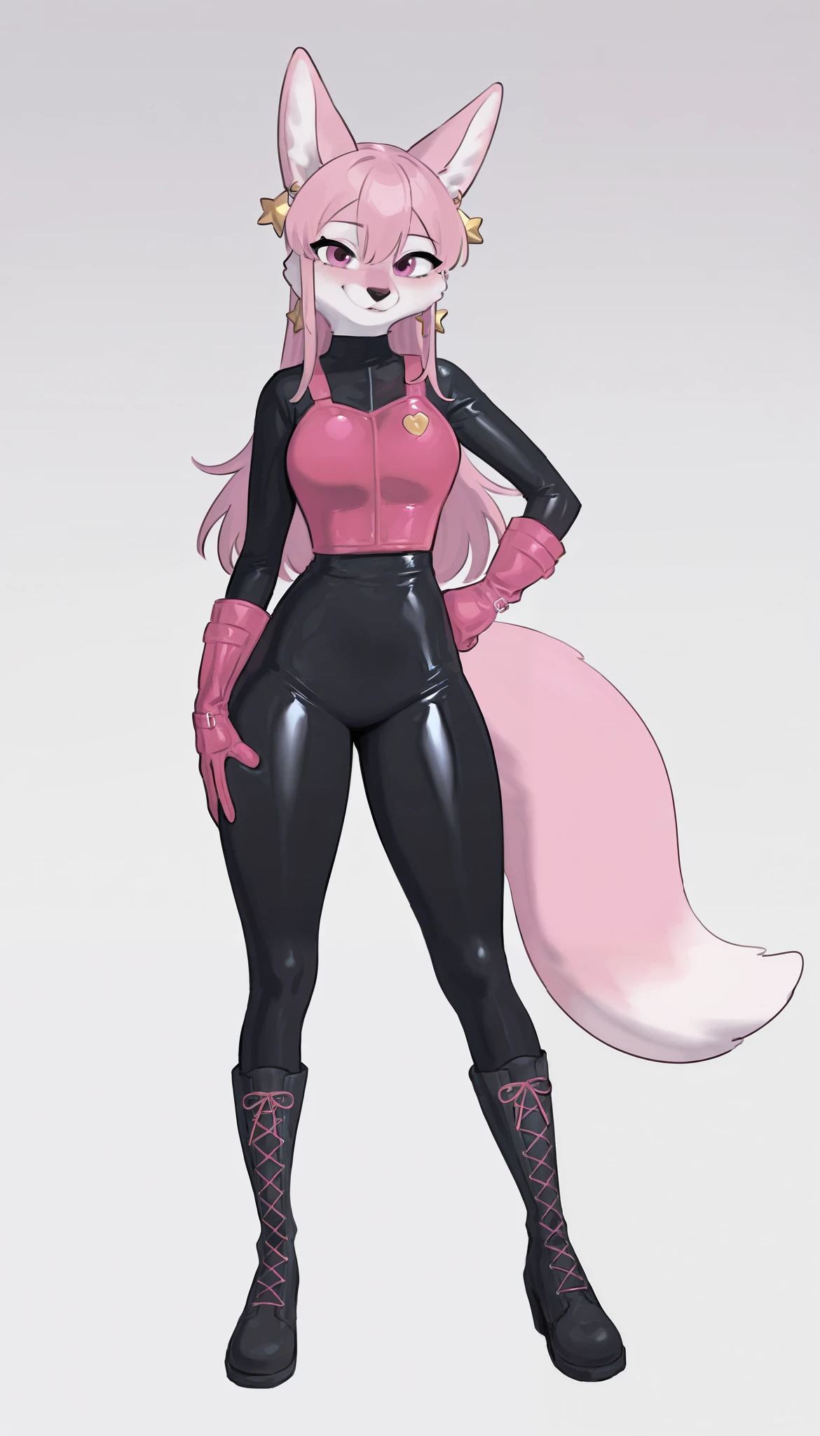 anthropomorphic female figure with the appearance of a fox . She has light pink fur and long hair , loose and pink . She wears an elegant black bodysuit with white and pink details , designed to look athletic and ready for combat . She wears black tights that reach the thigh , padded gloves and lace-up boots that combine black, pink and white, with gold details . Accessories include star-shaped earrings . Her posture is confident and daring