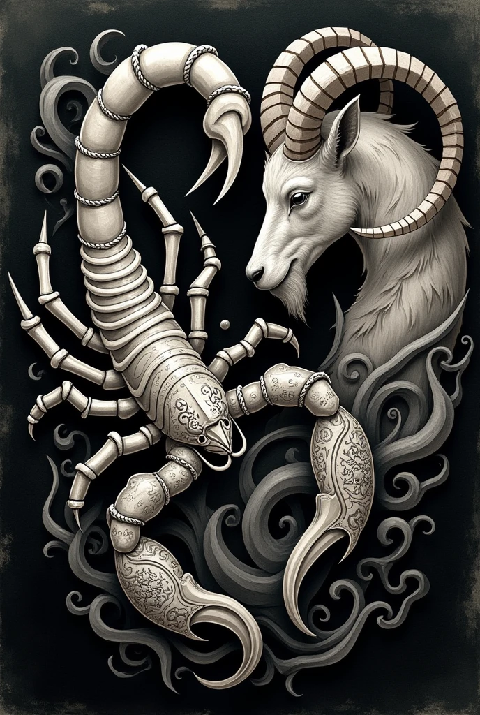 It's a close tattoo-style interaction of a scorpion and a goat.