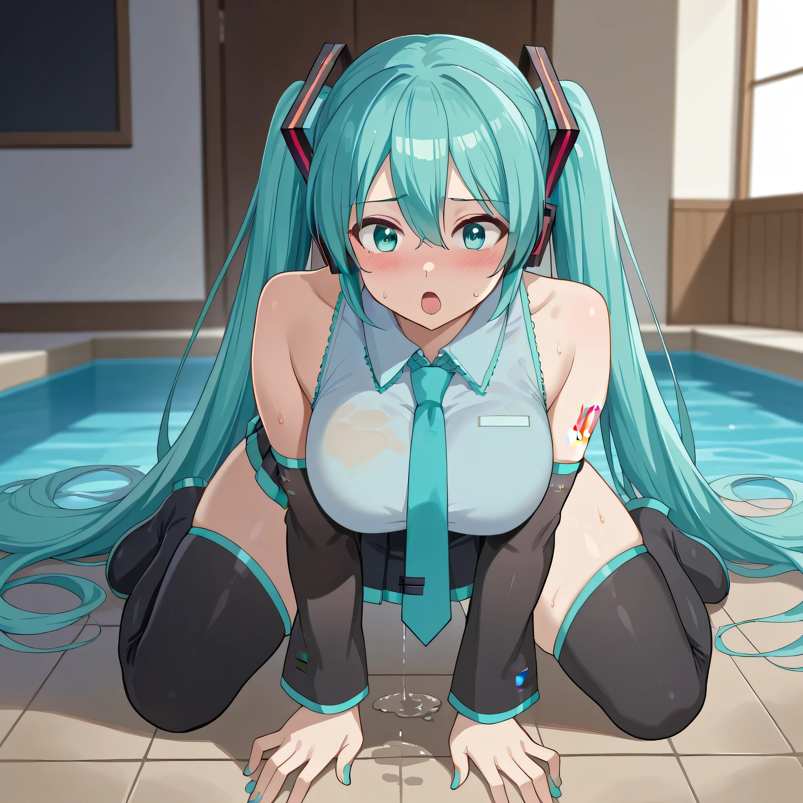 Hi res, masterpiece, 8k, nsfw, (Hatsune Miku | Virtual Singer), sexy curvy body, big breast, exposed tits, erected nipples, (naked: 1.6), blue high heels, white sunglasses, moaning open mouth, tongue out, sexual face, moaning expression, pleasure face, reddened face, (blue pubic hair: 1.4), (she is on all fours on poolside with her legs spread wide while she is squirting a huge ammount of love juice from behind: 1.3), sunset