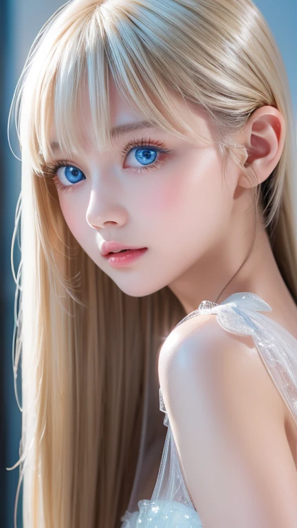 Portrait、、bright look、ponytail、bangs between eyes、bangs on the face、Young, shiny, white, glossy skin、gross face、cheek gloss highlight、best beauty、blonde reflection、Platinum blonde hair with dazzling highlights、shiny bright hair,、super long silky straight hair、Shining beautiful bangs、Attractive, beautifully shining, very bright, light blue eyes、very big eyes、Very beautiful nice cute 15 year old beautiful girl、rich bust、small face beauty、