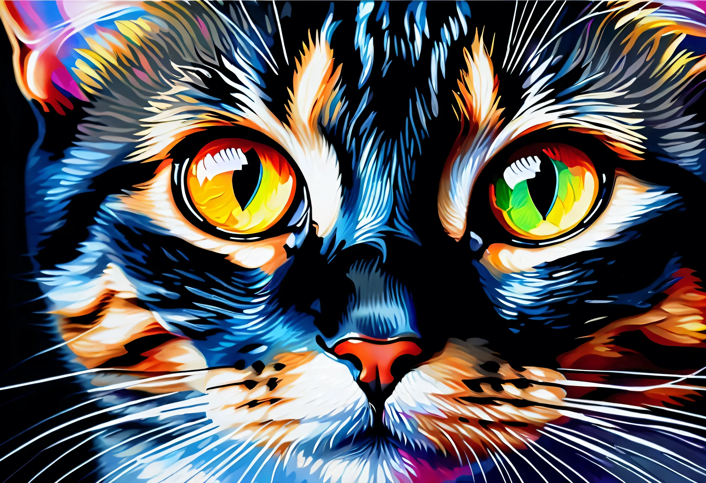  colorful な猫， colorful ，Cat Oil Painting ， realistic depiction ， upper body， Diamond Painting， background is black， eyes sparkle