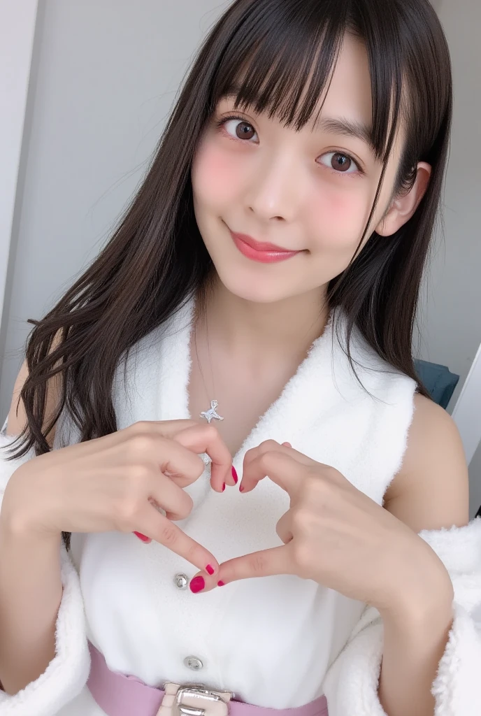 Only one woman with a cute smile wears cute, fluffy off-shoulder pajamas, makes a big heart shape with both hands, and poses them in front of her chest, View above collarbone、The background is a monotone 、nude, huge gigantic breast
