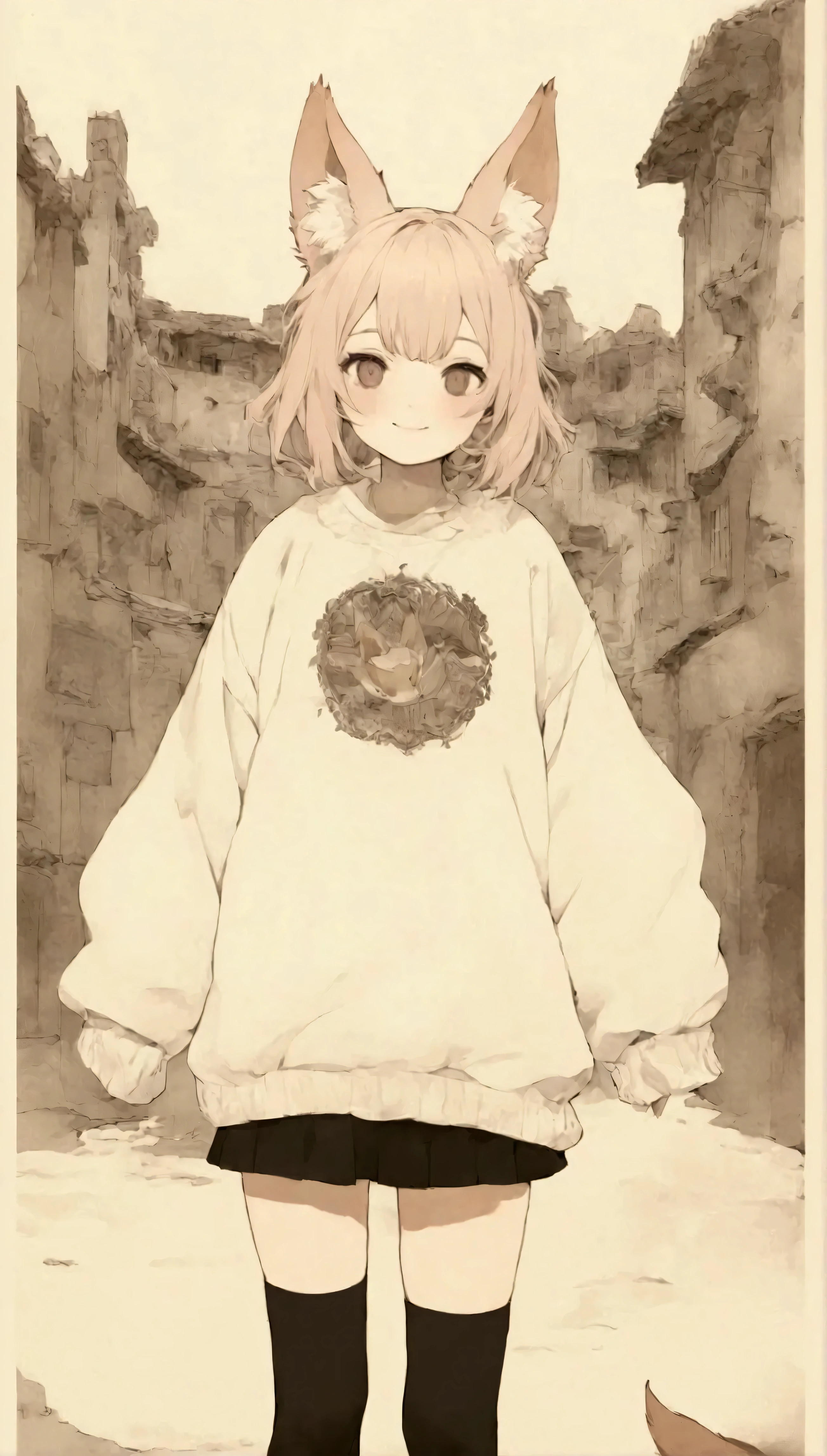 Quite strong deformation、    cute anime girl with small head and body  、    cute fox ear smile    、Bold poses、 Dreamy and cute  、Sickly cute、     simple oversized pullover    、    knee-high socks   、Ancient city background 、Poster Style、flat-colors、    meticulously calculated     、Placed motifs、HIGH QUALITY DESIGN   、    kitschy aesthetics   