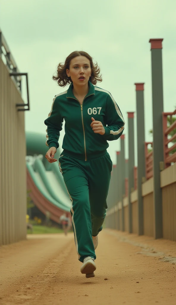 A full-body shot of scarlett johansson running directly toward the viewer in a highly cinematic and intense scene inspired by Squid Game. She is wearing the iconic green tracksuit with one white stripe on the sleeves and legs. The tracksuit has the number '067' printed in white on the left side of her chest. She has a determined and slightly desperate expression on her face, her hair bouncing as she runs. The background depicts a dusty, dystopian arena under an overcast sky, with large, surreal playground elements in the distance (like a giant slide and a swing set) and towering concrete walls with faint red markings. The lighting is soft, with a slight sepia tone, enhancing the tension and atmosphere of the scene.