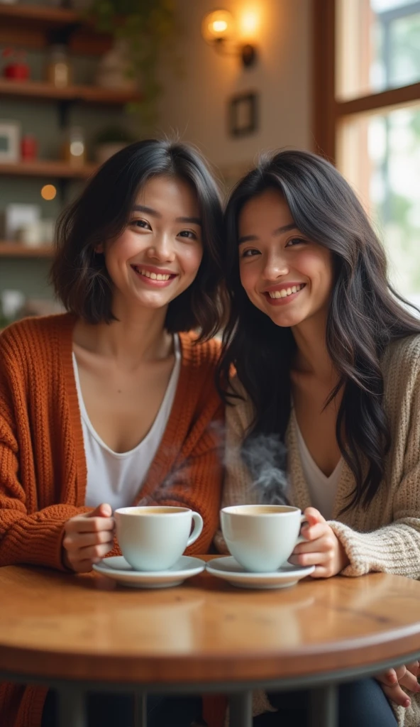 Professional photography of 5 woman young asian. Wearing a black jacket, with, green and red a picture of a balinese mask. Chatting a little smiling, sitting in an open cafe at the top of the mountain, on the table there was 1 cup of black coffe. With a view of the misty lake, the photo was taken with a vivo cellphone camera