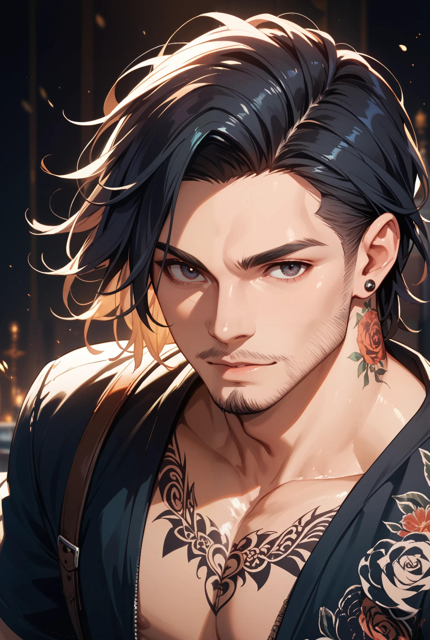 A man. Neck tatoo. Shoulder-length black hair. Green eyes. Lower lip piercing.
