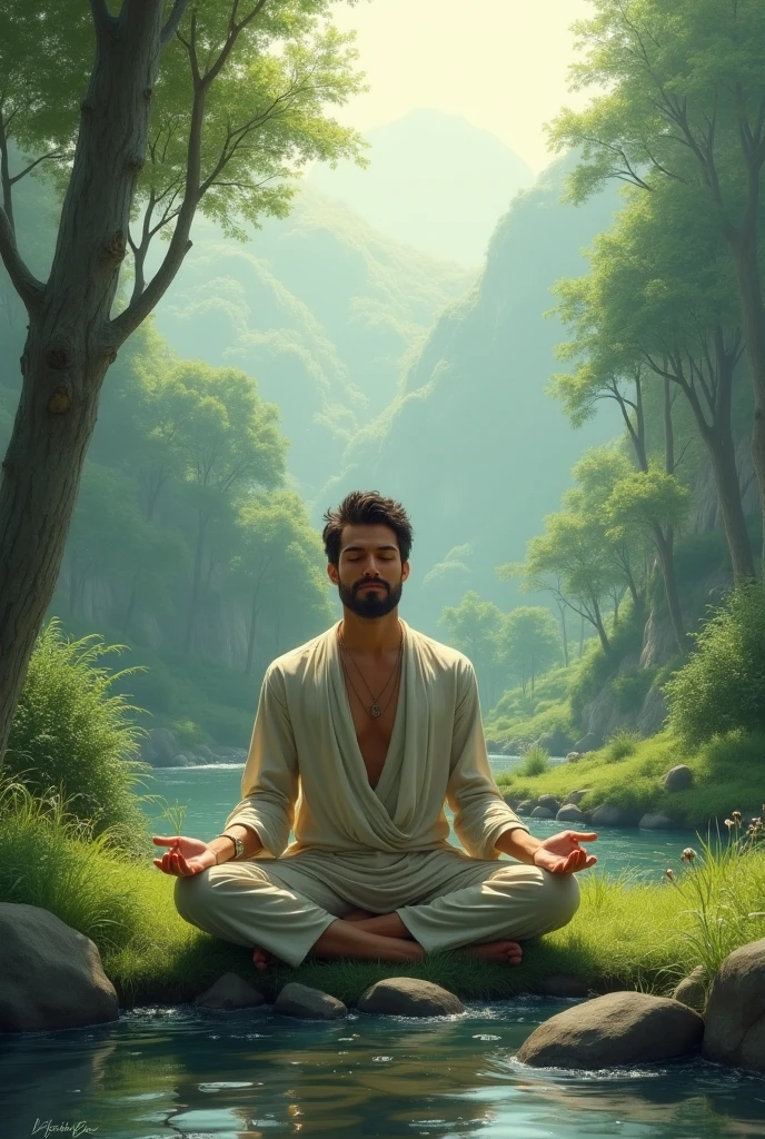 Imagine a serene, mystical garden, bathed in a soft golden glow, resembling ancient illuminated manuscripts. In the heart of this scenery, there's a figure sitting in a meditative state, encircled by vibrant blossoming flowers and gently babbling streams of water. The scene is portrayed through a tilt-shift lens, bringing about an otherworldly, dreamlike ambience and highlighting the spiritual aspect of the journey. The artistry is a blend of digital art and glowing airbrush techniques, giving the visualization an alive feel with bright colors and fine details. This image should evoke a profound feeling of tranquility, enlightenment, and respect for the spiritual journey conveyed in ancient holy texts.